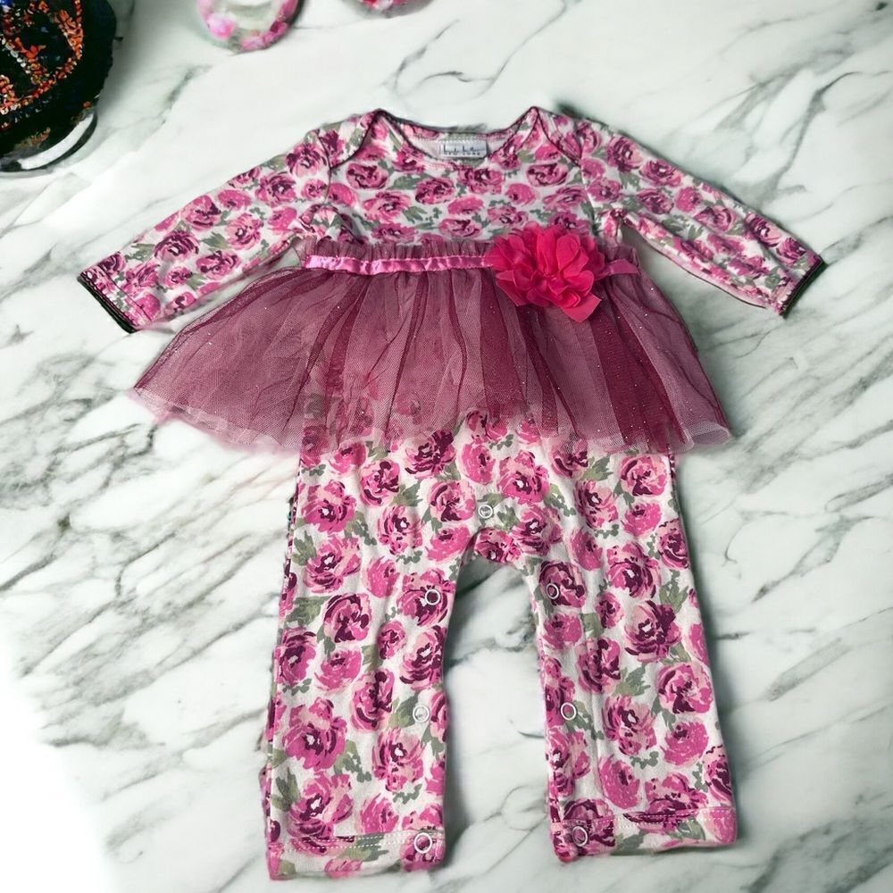 Nicole Miller Infant Girls Pink Floral Tutu Romper Bodysuit (6/9 Mos)